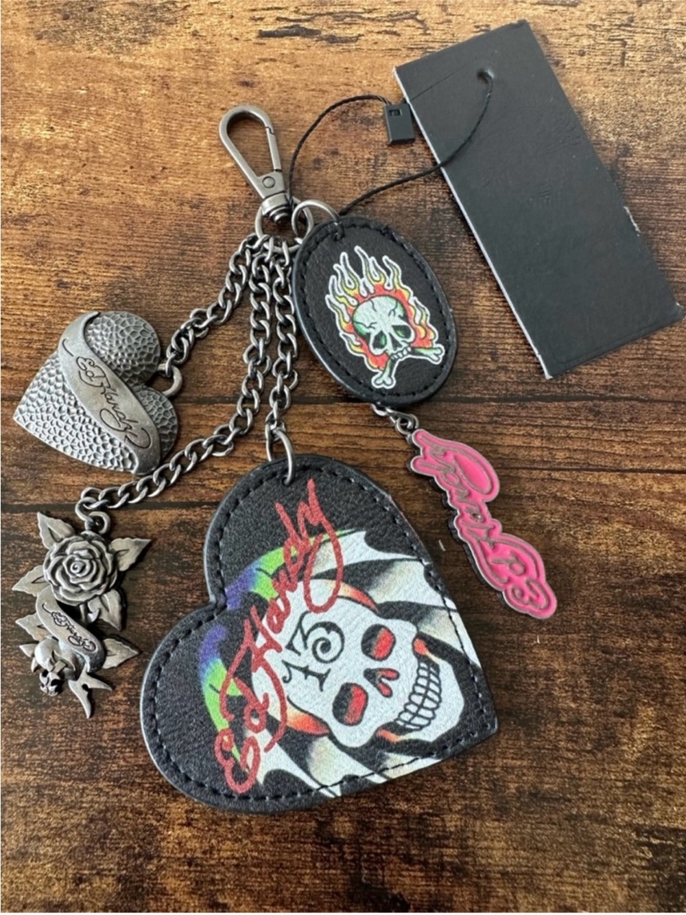 Ed Hardy Black Heart Skull, Metal Accents Multi-Color Bag Charm or Keychain NWT